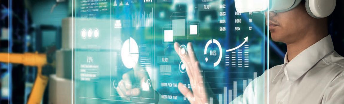 Woman wearing VR headset and interacting with virtual menu