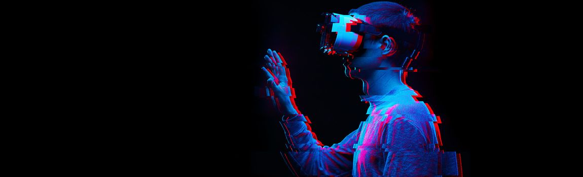 A distored person wearing a VR headset