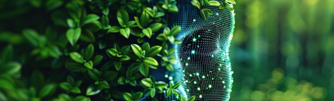 A green hedge immersed with a digital face