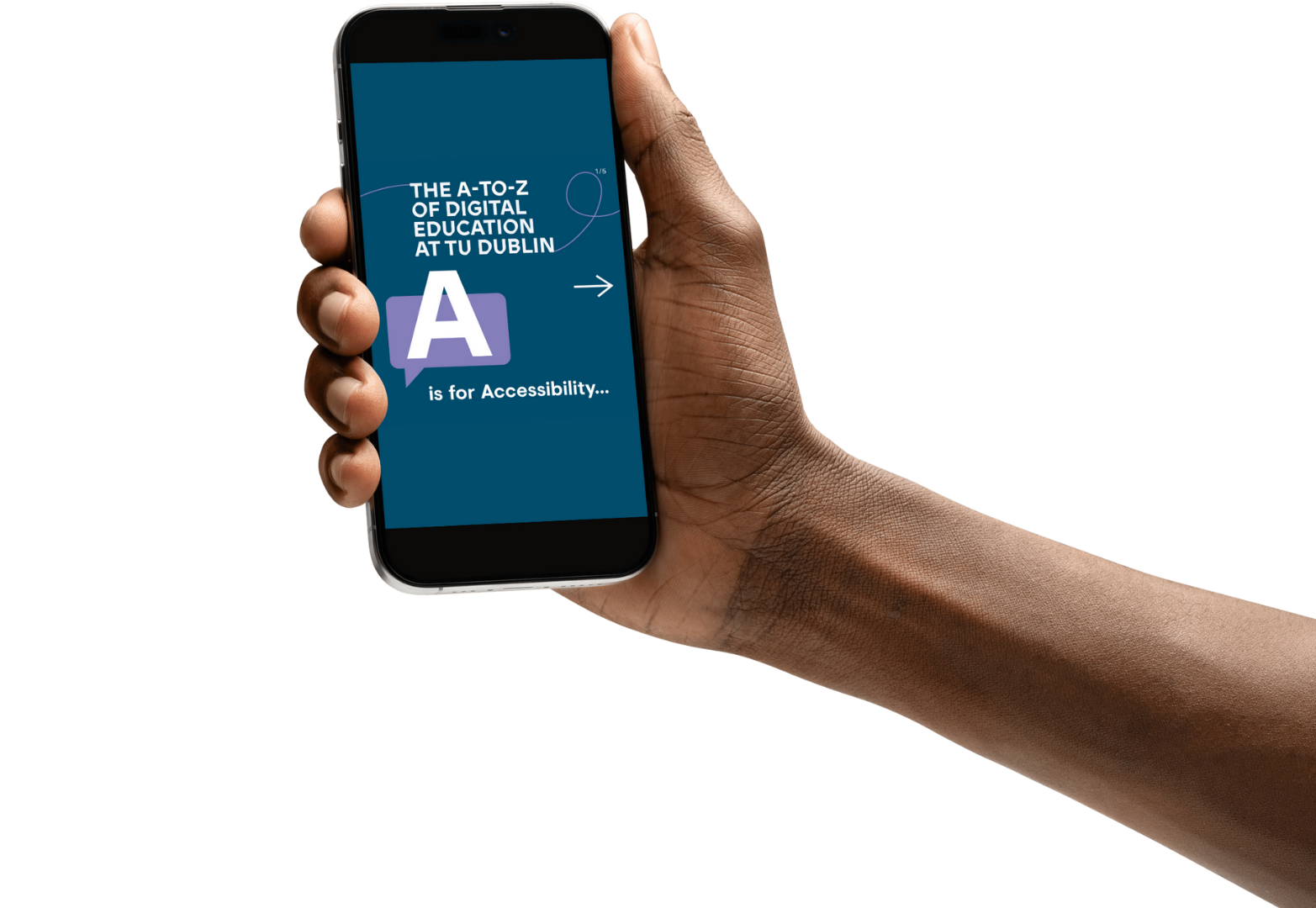 A hand holding a smartphone with an image of an A to Z of digital education on the screen.
