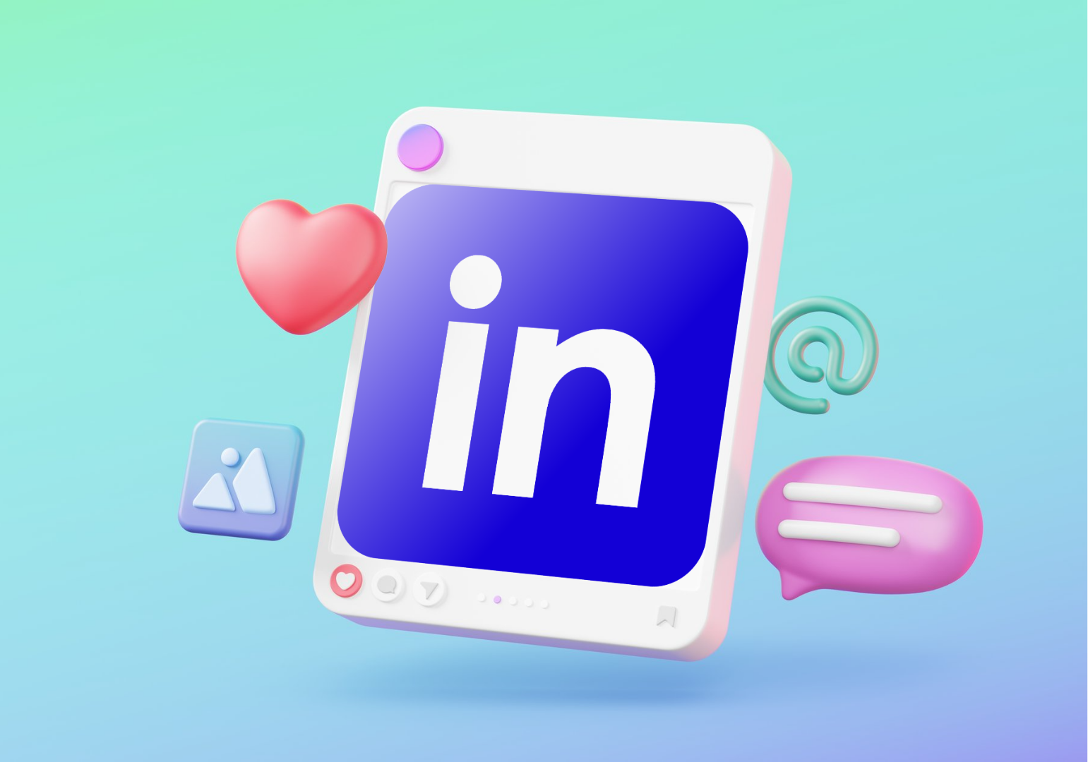 A tablet showing the LinkedIn logo hovers against a gradient green and blue background with a love heart and speech bubble and other social media icons hovering around it.