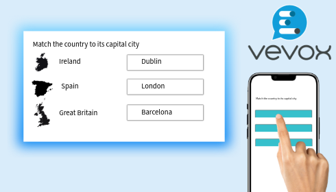 A hand interacting on a phone screen to select a correct answer in a matching activity.