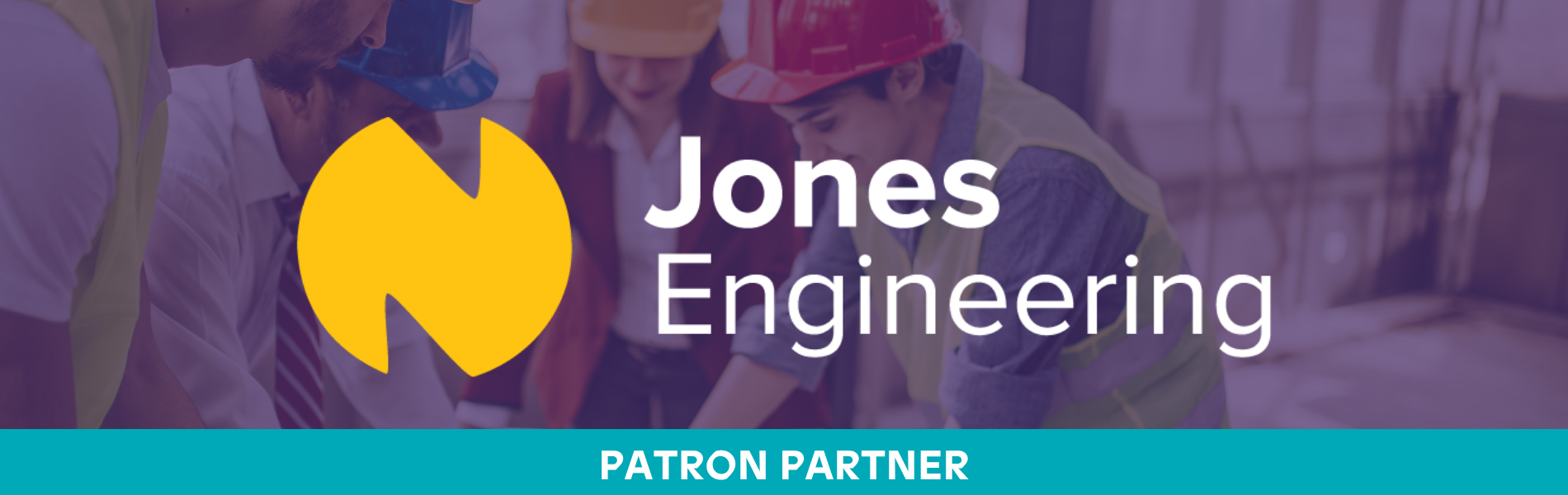 Image of two people with hard hats looking at plans with purple overlay. Jones Engineering logo in middle with white font 