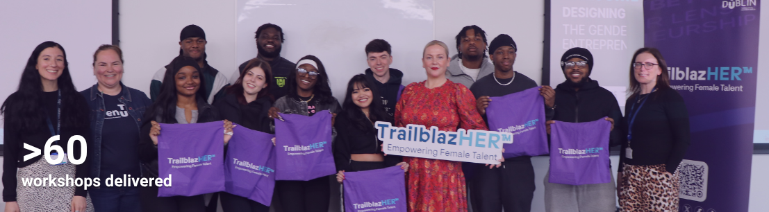 A group of students pose with TrailblazHER bags and signs with TrailblazHER staff at a workshop
