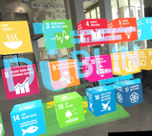 virtual reality images of SDGs inside building space with TU Dublin logo overlaid