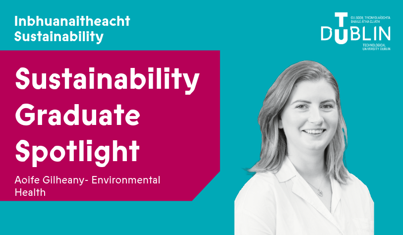 Black and white image of Aoife Gilheany on logo in Sustainability Graduate Spotlight series