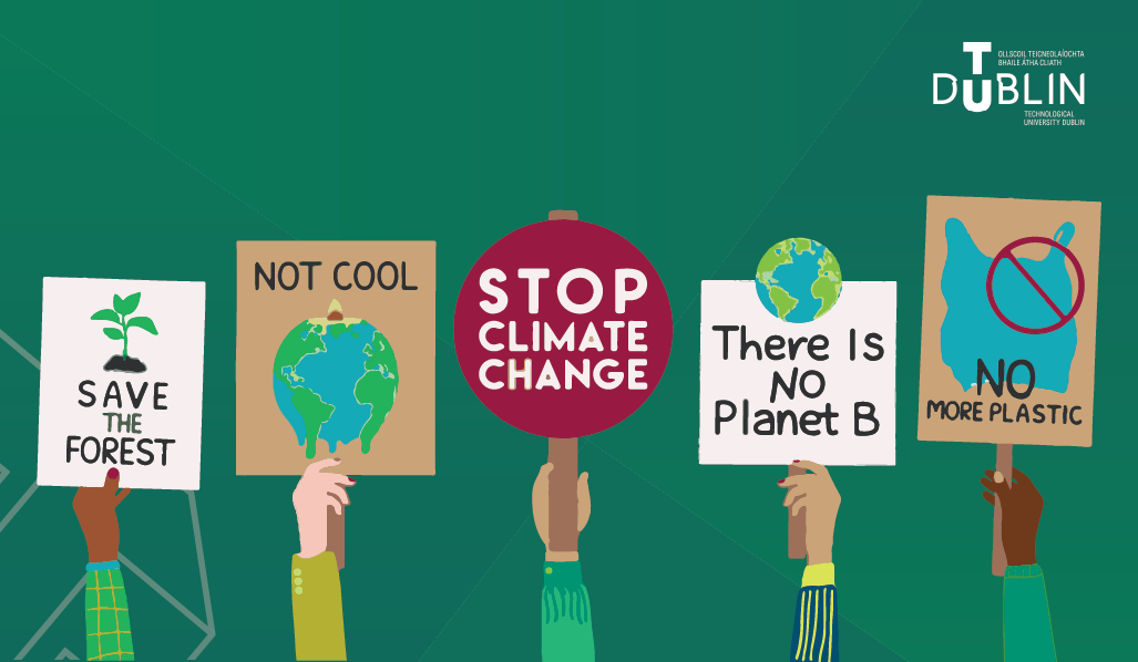 Green graphic with climate action pickets