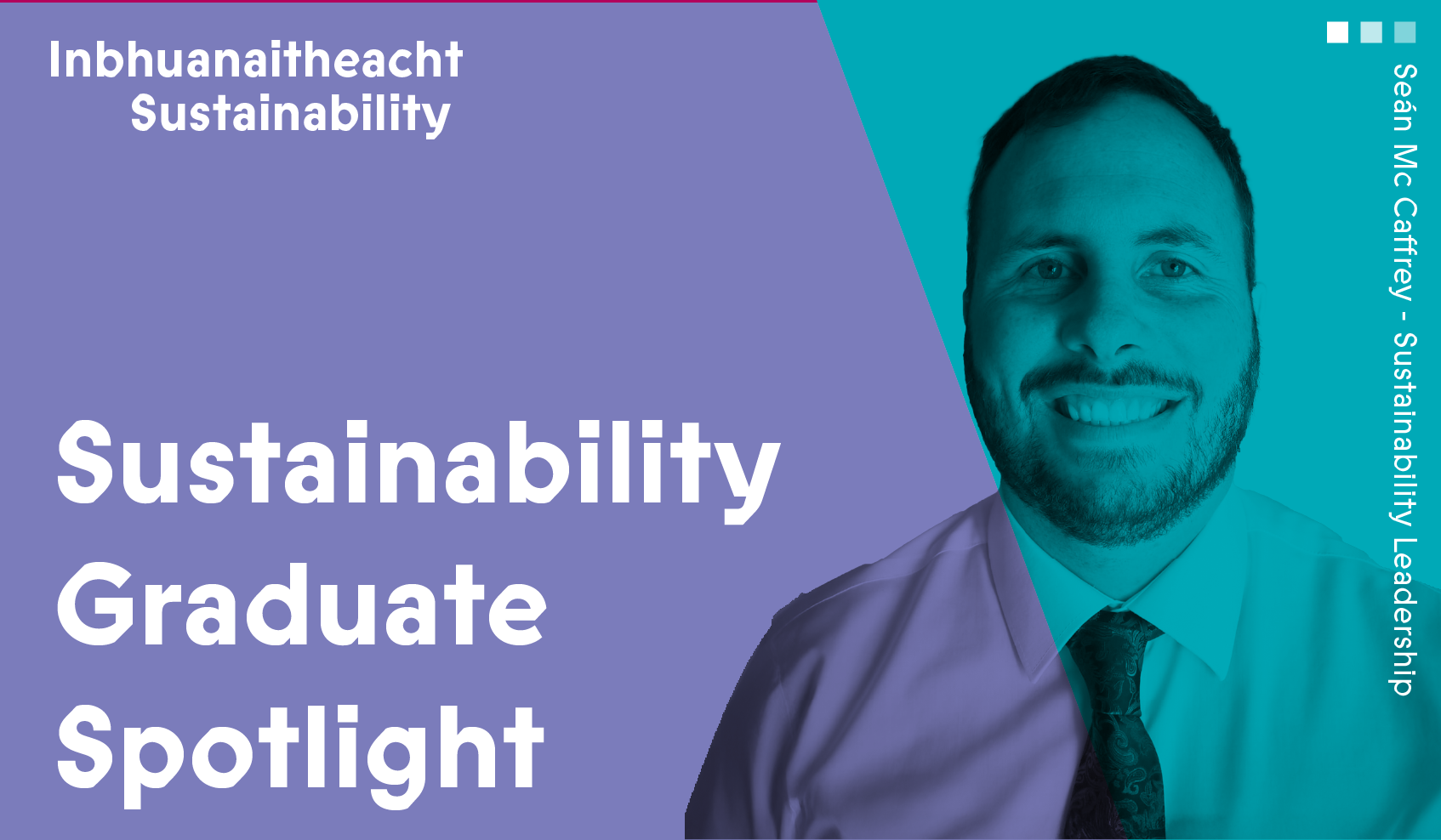 Graduate spotlight graphic in lilac and teal and black and white