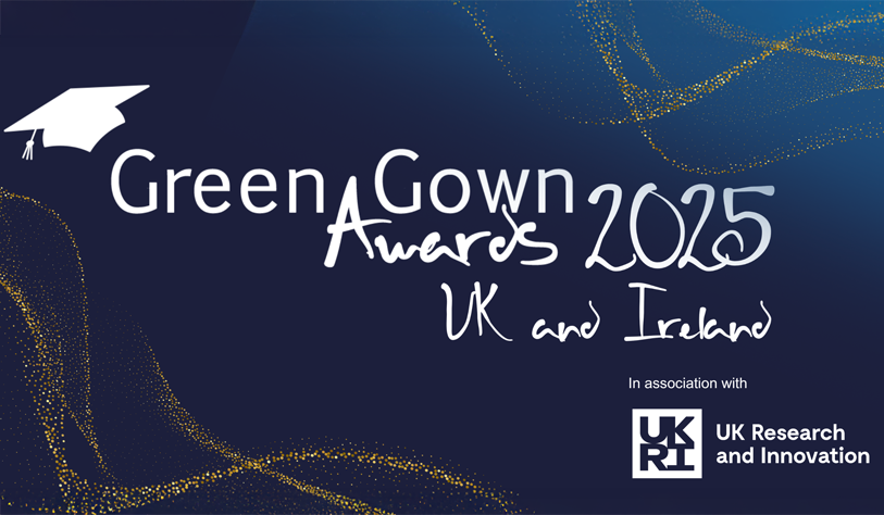 graphic with navy background and gold sparkle swoosh reads Green Gown 2025 in white text