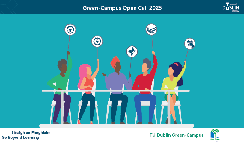 cartoon people sitting at desks holding signs with environmental icons