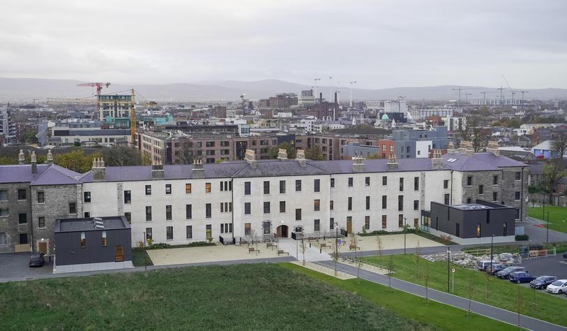Ariel photo of Lower House building with Dublin City backdrop