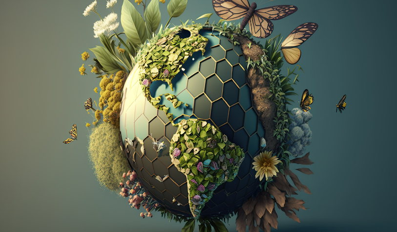 A Vibrant Eye-Catching Background Design Template of Earth in Shape of Beautiful Artistic Plants attract bees butterflies