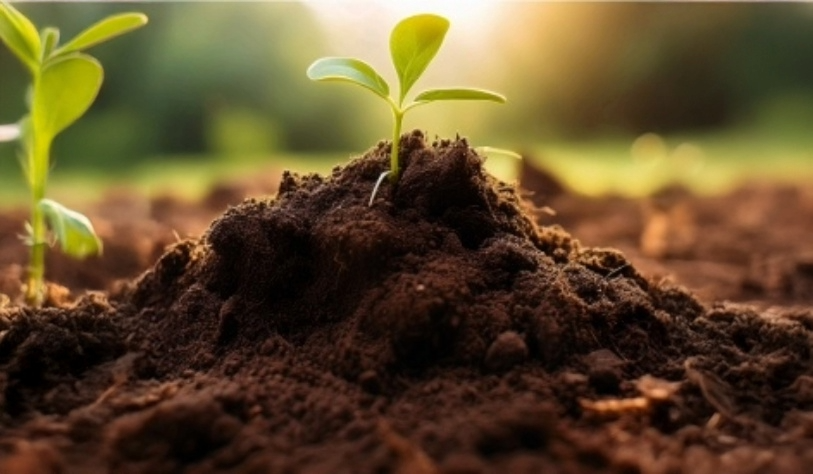 green shoot emerging from soil in sunlit background