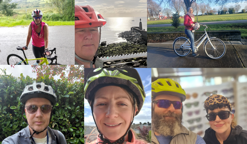 6 images in collage. top left woman holds back and is wearing bike gear against grassy background. top right - woman sits on bike in leafy background. 2 men take selfies in helmets against leafy background.bottom centre- woman wears yellow helmet and orange hi viz jacket. bottom right. man and woman take selfie. man wears helmet. they are in an optician setting