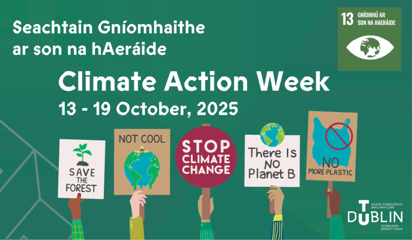 Climate action week poster with 4 hands holding climate related protest signs