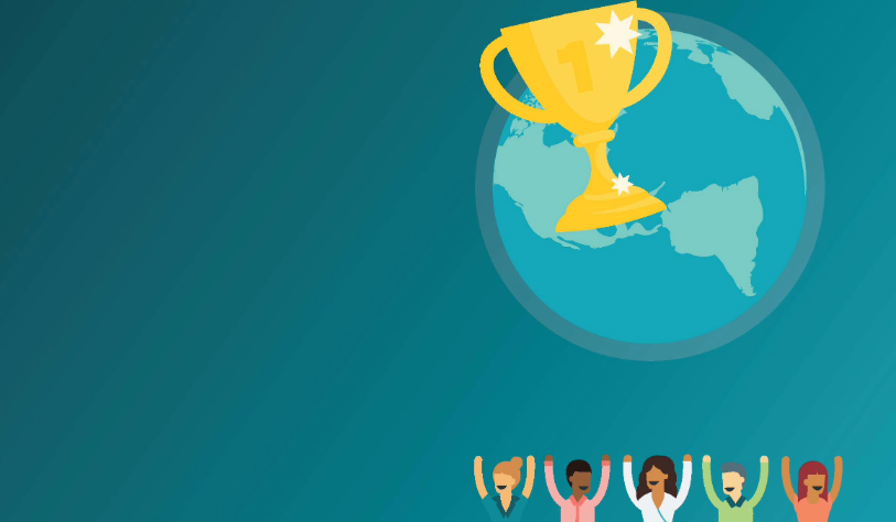 cartoon graphic -5people holding hands in air. Globe over their heads with a gold trophy over the globe.