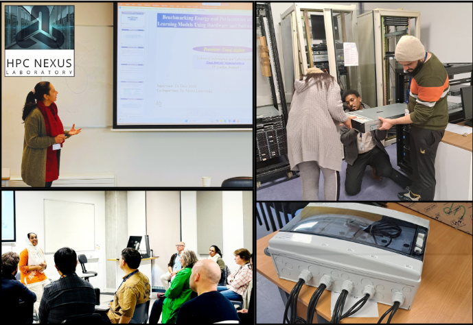 4 images combined:1-female giving presentation 1 female and 2 male hold large computer equipment, 3-people listen to woman giving presentation.4-large computer equipment