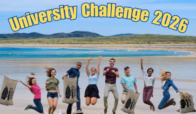 Group of people mixed gender and race jump in air in backdrop of beach and in front lots of litter collected