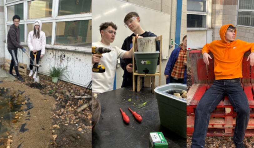 3 images.1.male and female with shovels in hand 2. 2 males constructing wood on work bench-one holds drill 3. male student in orange hoodie relaxes on pallet bench