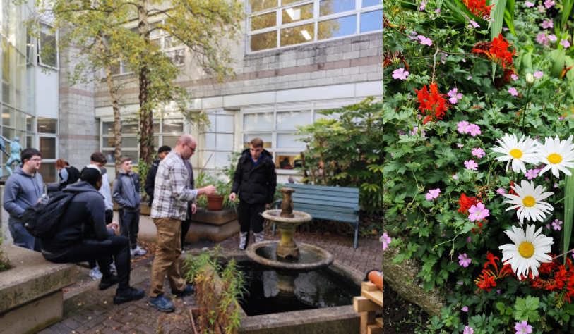 students learning in garden- watching a lecturer show them a plant. Close up of flowers a picture included on the side.