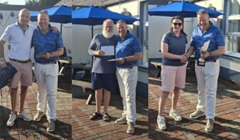 image montage of 3 images, same white man in all three shakes hands with white man in one, a woman in the other and  man in the third. outdoor setting