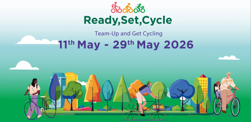 cartoon of people cycling in a city among trees