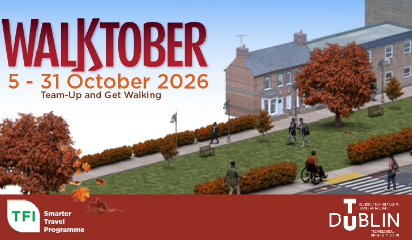 Urban street with 7 people walking, one in wheelchair, trees and hedges are autumnal orange. includes logos for TU Dublin and TFI