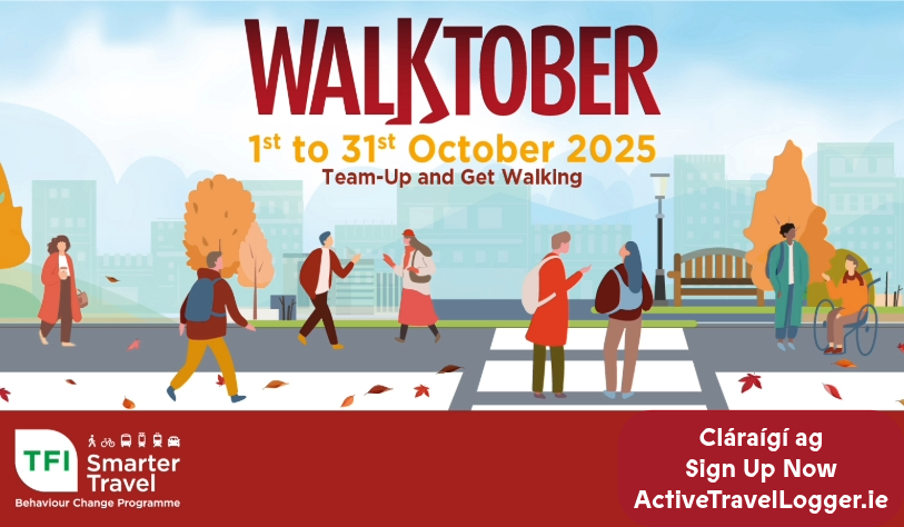 Cartoon graphic of 8 people, 7 walking, one in wheelchair. It is autumnal with leaves on ground