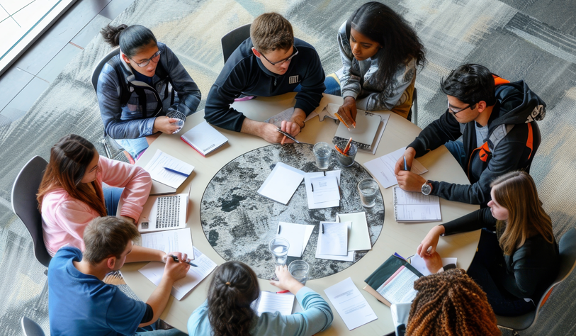 students around a table workshopping