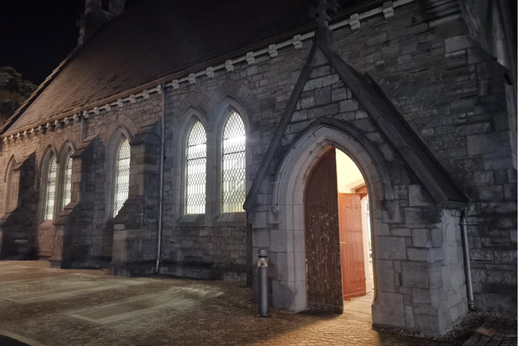 night view of an entry to a church