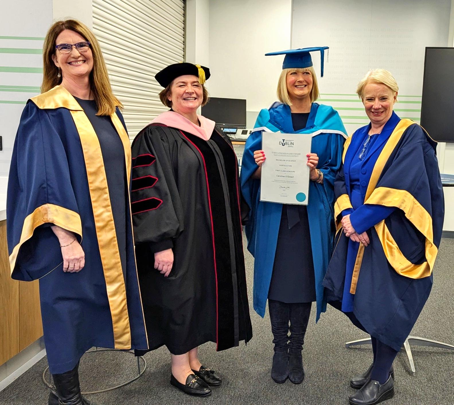 Head of School of Culinary Arts and Food Technology Dr Denise O'Leary, Dean of faculty of Arts and Humanities Dr Orla Mc Donagh, Caroline O'Dowd and President of TU Dublin Dr Deirdre Lillis as TU Dublin Graduation ceremony 2025