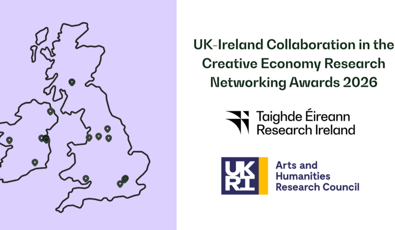 Graphic titled “UK-Ireland Collaboration in the Creative Economy Research Networking Awards 2026,” featuring an outline map of the UK and Ireland with location markers on the left and the Taighde Éireann – Research Ireland and UK Research and Innovation (UKRI) logos on the right.
