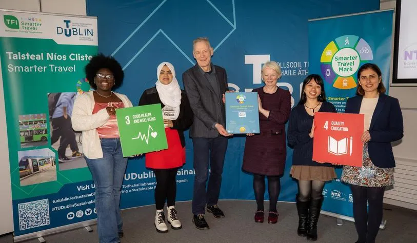 TU Dublin President Dr Deirdre Lillis celebrates Smarter Travel Gold Mark Award with staff and students