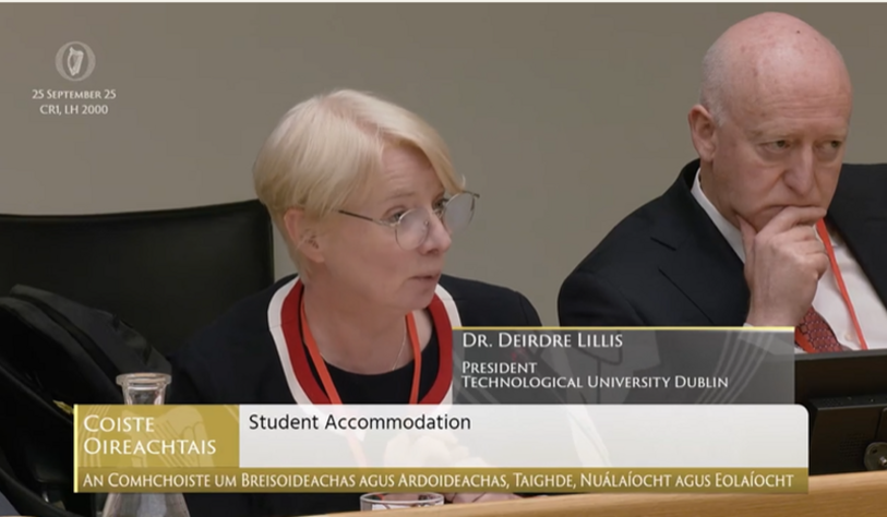 TU Dublin President Dr Deirdre Lillis appearing at an Oireactas committee hearing on student accommodation