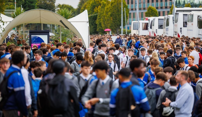 A large group outside the RDS in Dublin attending Higher Options and World Skills