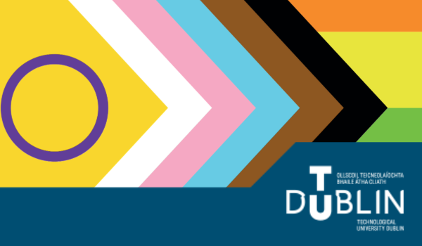 Pride flag with a TU Dublin logo