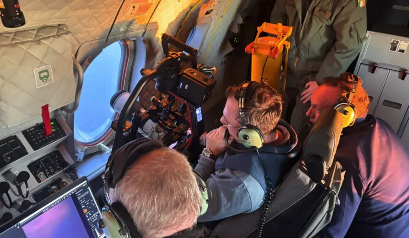 Members of the Irish Air Corps eclipse expedition from TU Dublin, TCD and DIAS on a a test flight of the C295.