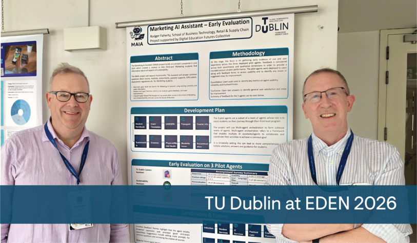 Two men stand smiling in front of a research poster titled 