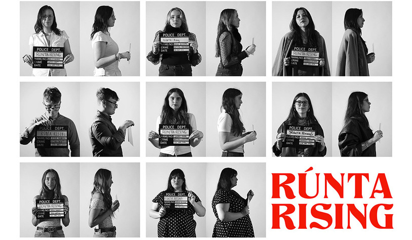 Grid of black-and-white mugshot-style portraits of individuals with police boards. Each row features diverse expressions. Bold red text: 